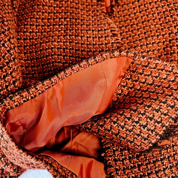 🦃 Kasper Petite Single Button Blazer Orange Black Tweed Woven Fringe Edge 12 P - Picture 8 of 11